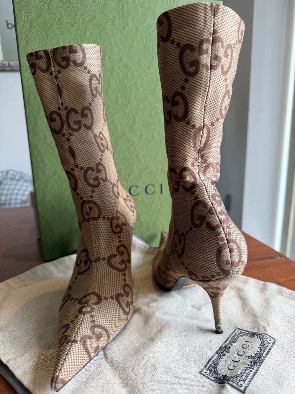 Authentic gucci-x-balenciaga Brown Beige Monogram Stretch Pointed-Toe Heel Boots - Picture 2 of 6